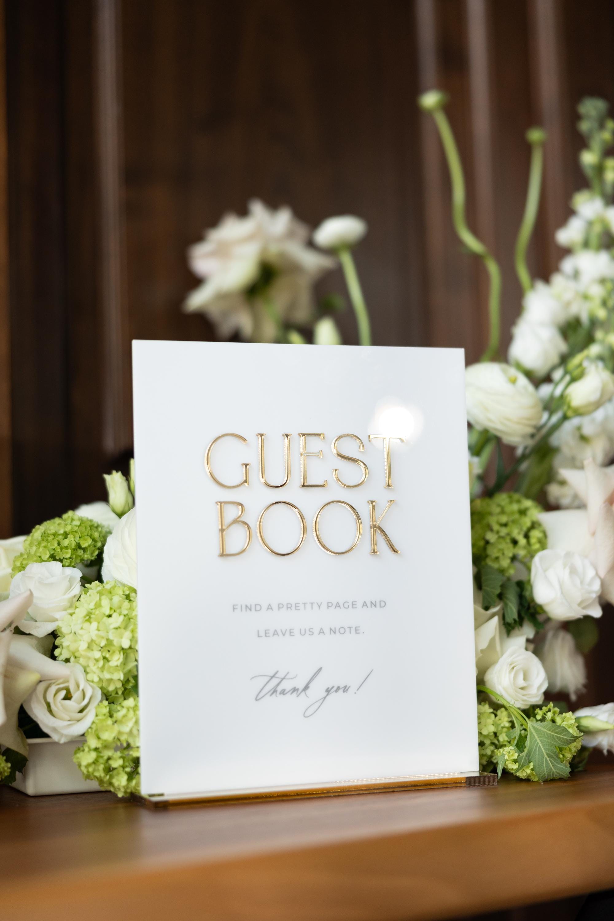 Wedding Guestbook sign white acrylic with 3D gold mirror lettering and stand
