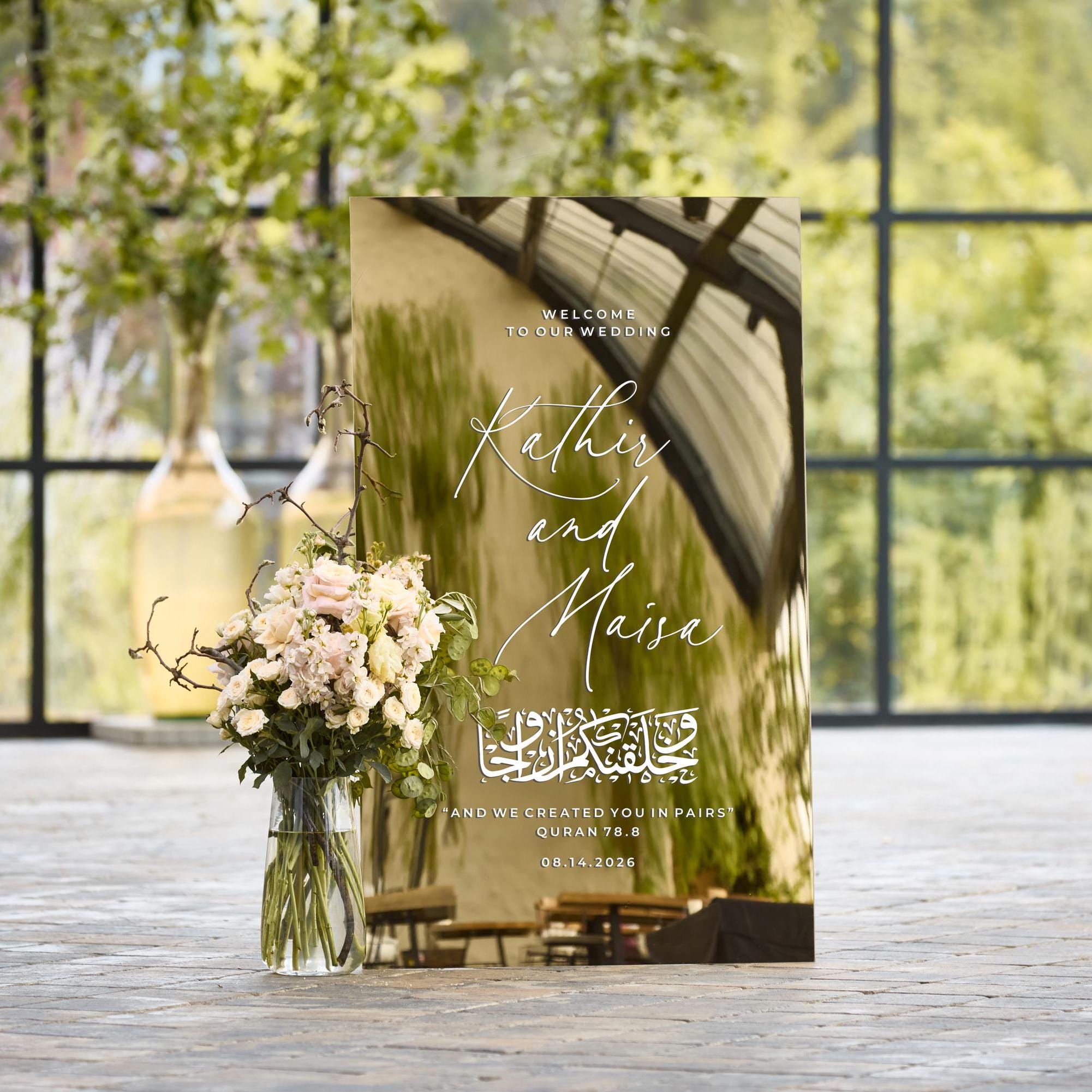 Gold mirror Nikkah welcome sign with Arabic calligraphy and Bismillah
