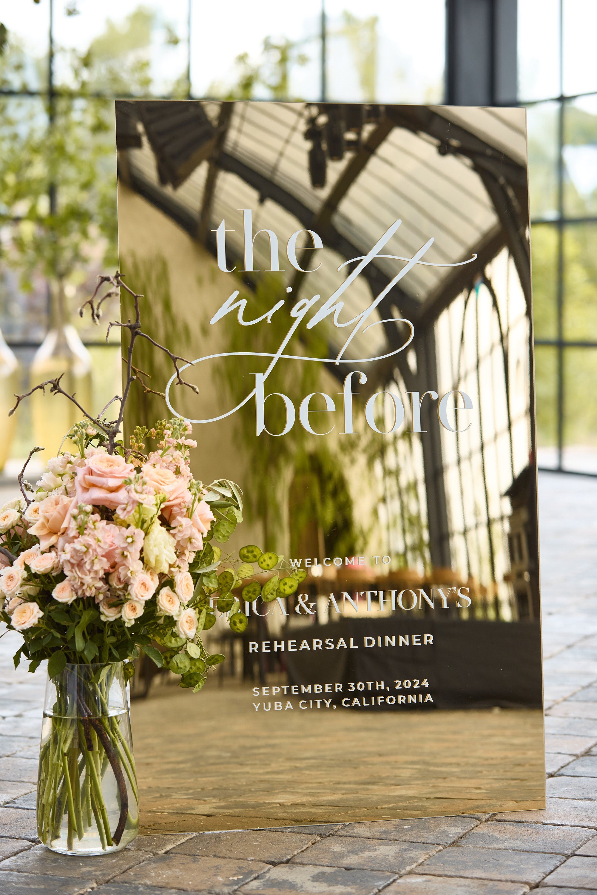 Rehearsal dinner welcome sign gold mirror acrylic The Night Before design
