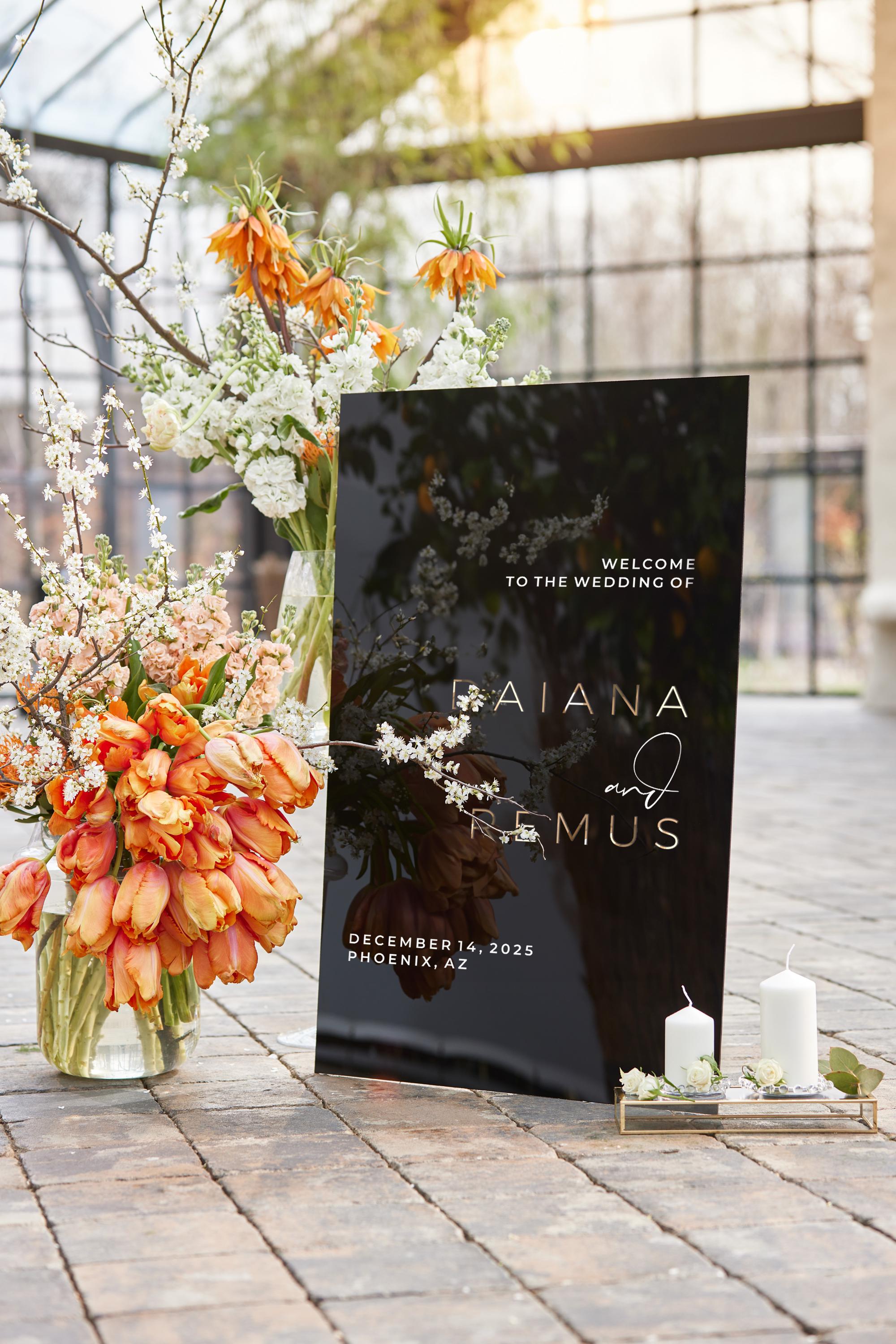 Elegant black acrylic wedding welcome sign for ceremony entrance