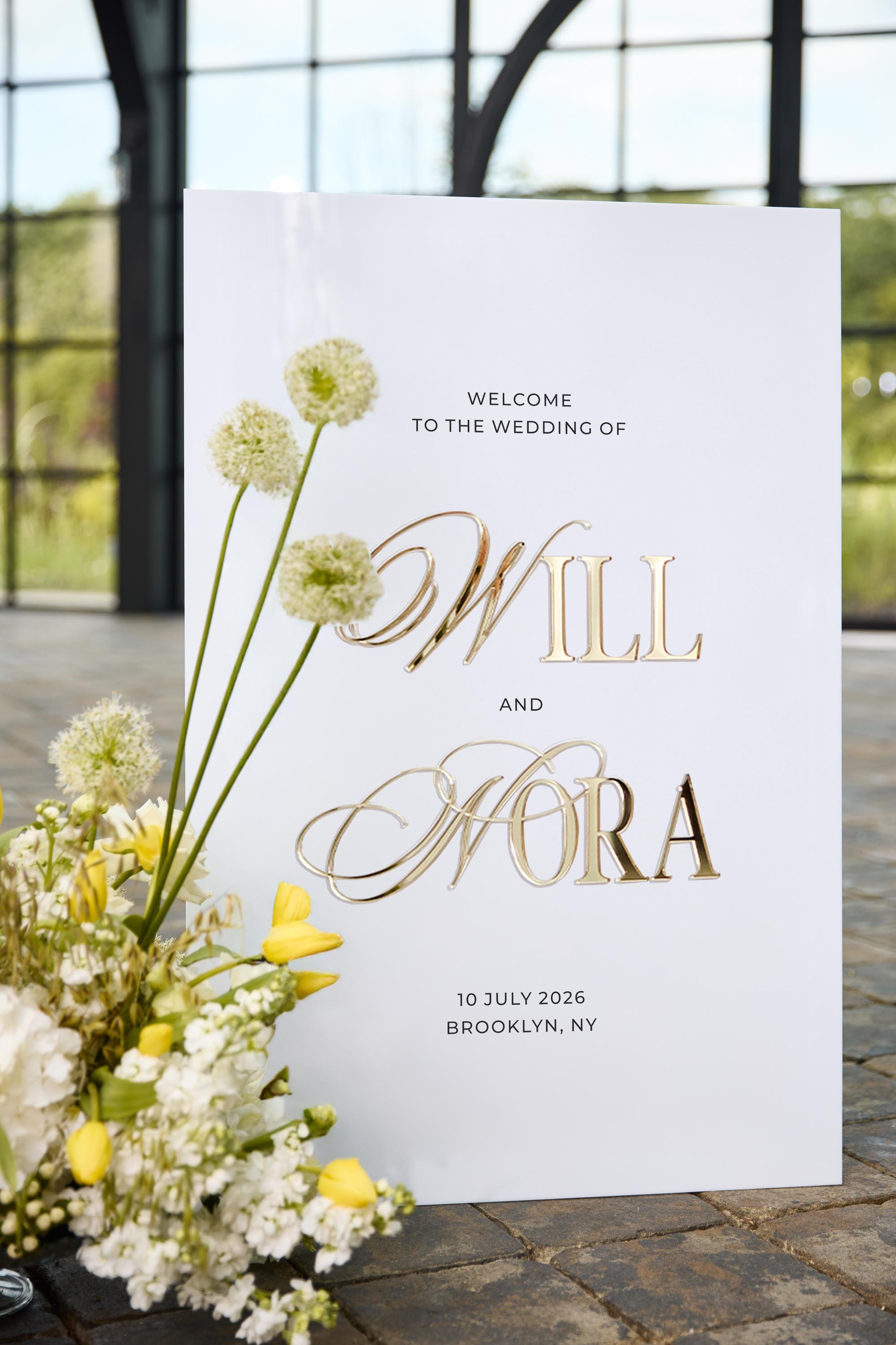 Custom wedding welcome sign white acrylic with raised 3D gold mirror lettering 
