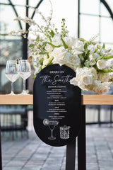 Black acrylic wedding bar sign with signature drinks menu and cocktail list