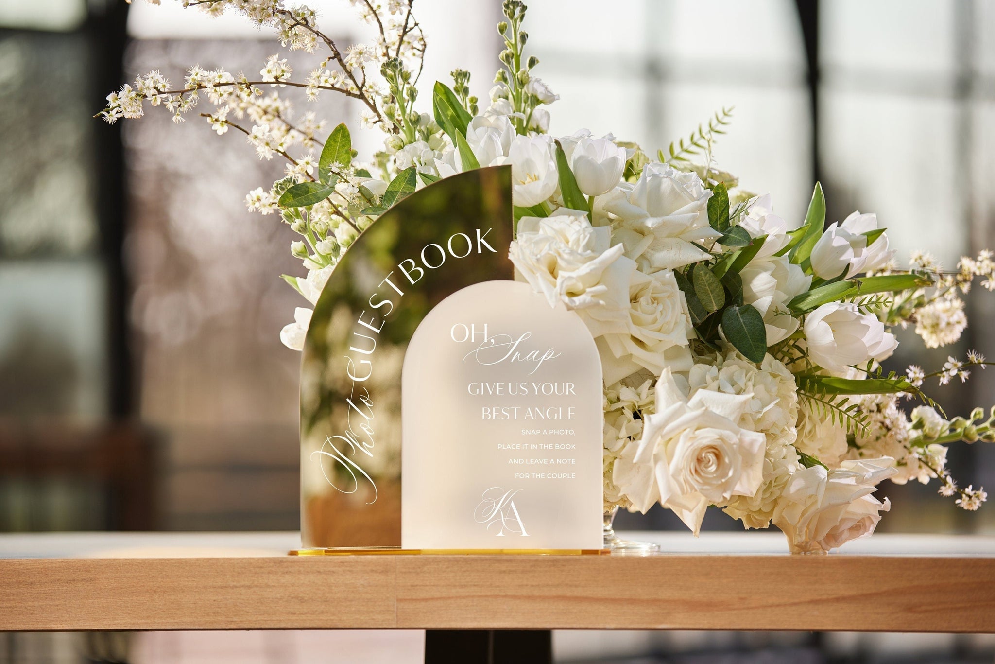 Arched Gold Mirror and Frosted Acrylic Photo Guestbook Sign for Wedding Reception