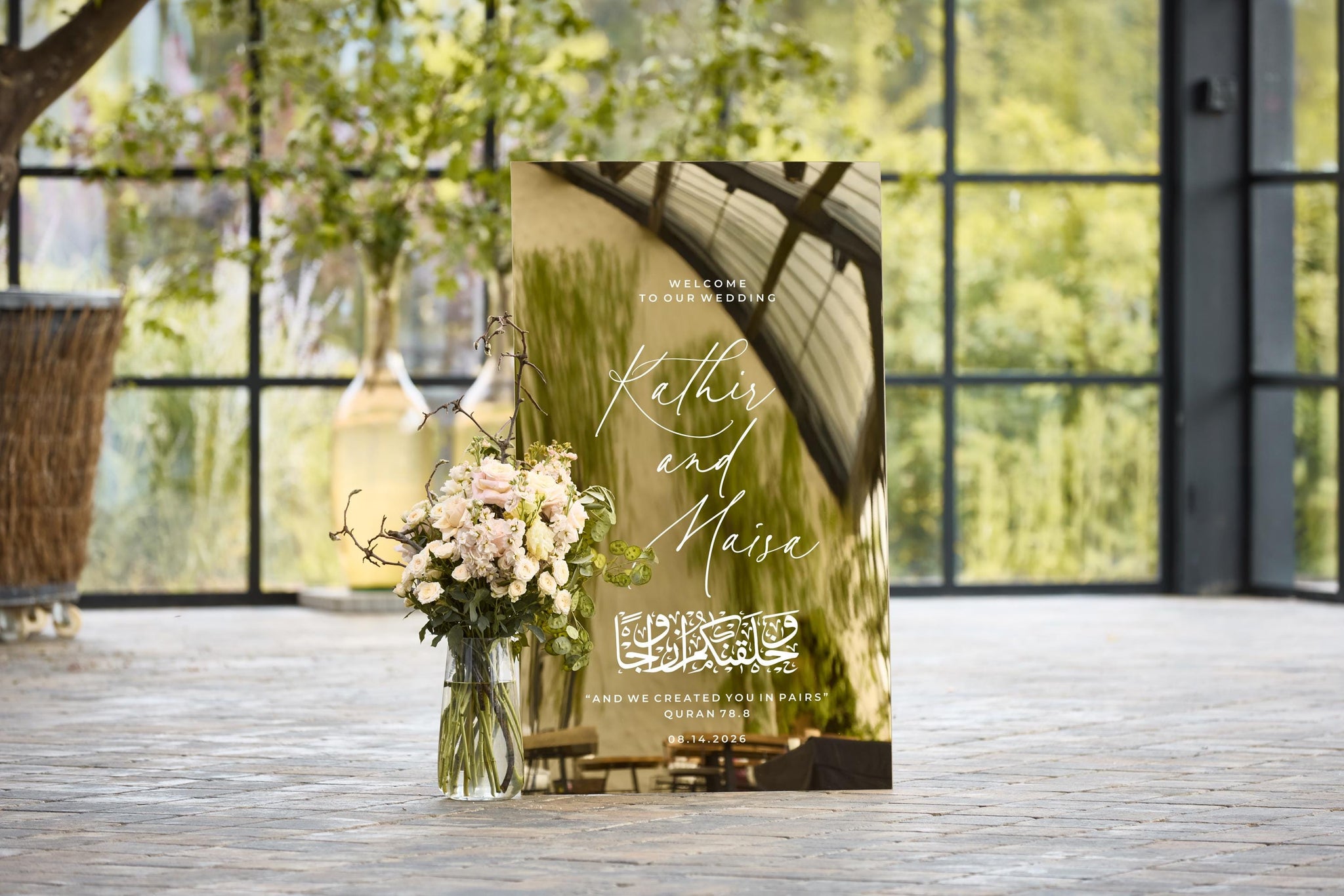 Gold acrylic Islamic wedding sign with Arabic and English names
