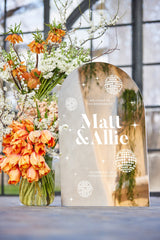 Disco ball wedding welcome sign arched silver mirror acrylic with personalized names
