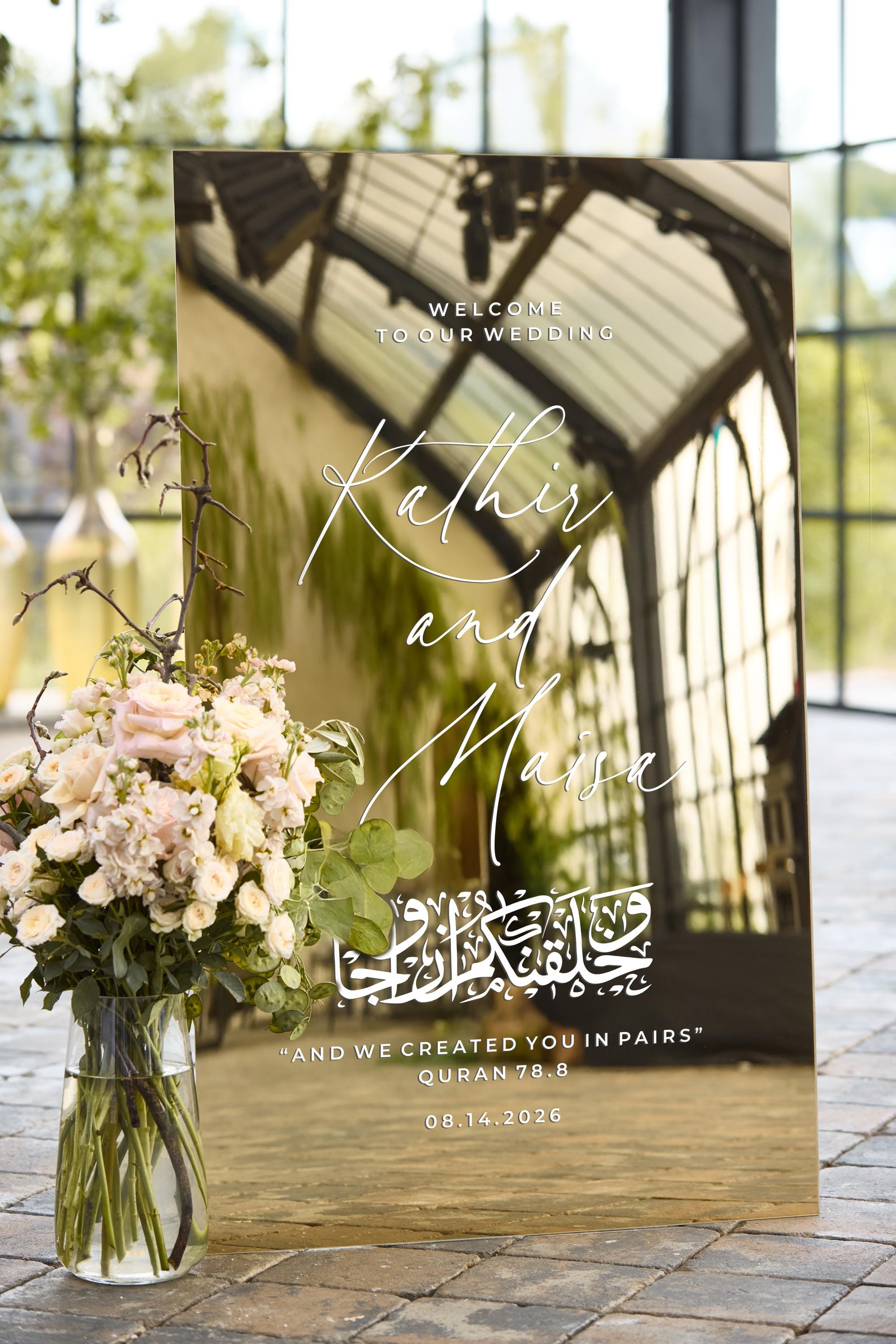 Personalized Nikkah sign with Bismillah on gold mirror acrylic
