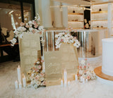 Set of 3 gold mirror acrylic wedding signs with seating chart and welcome
