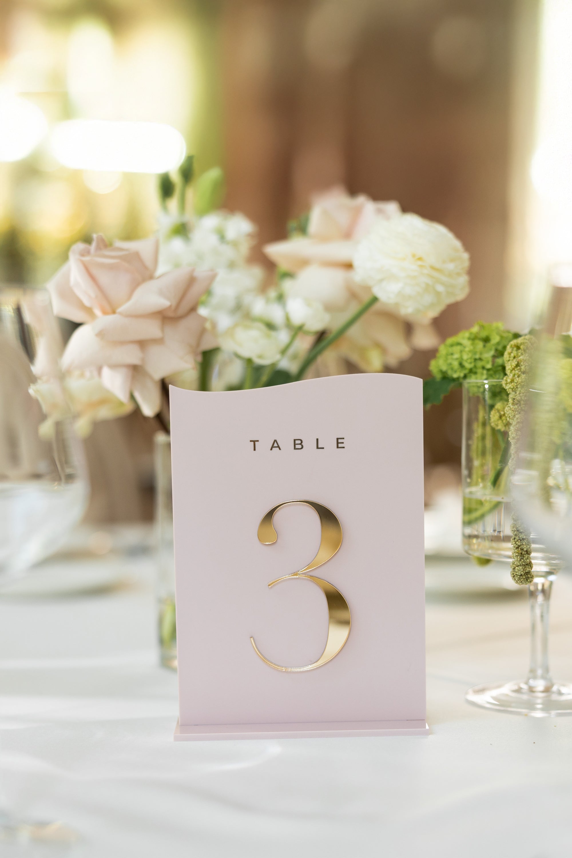 Dusty pink acrylic wedding table numbers with 3D gold mirror.