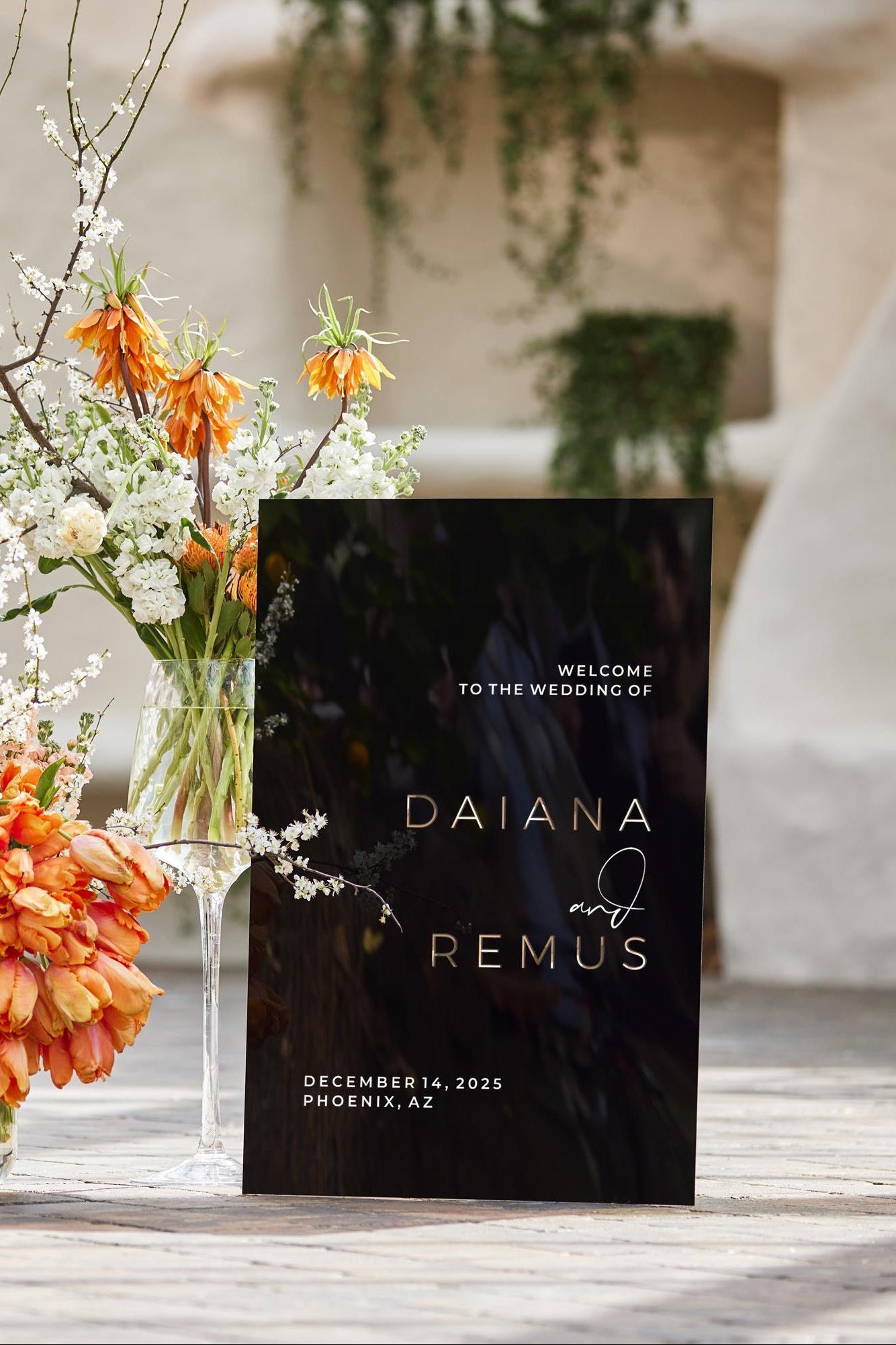 Black acrylic wedding welcome sign with 3D gold mirror names and date