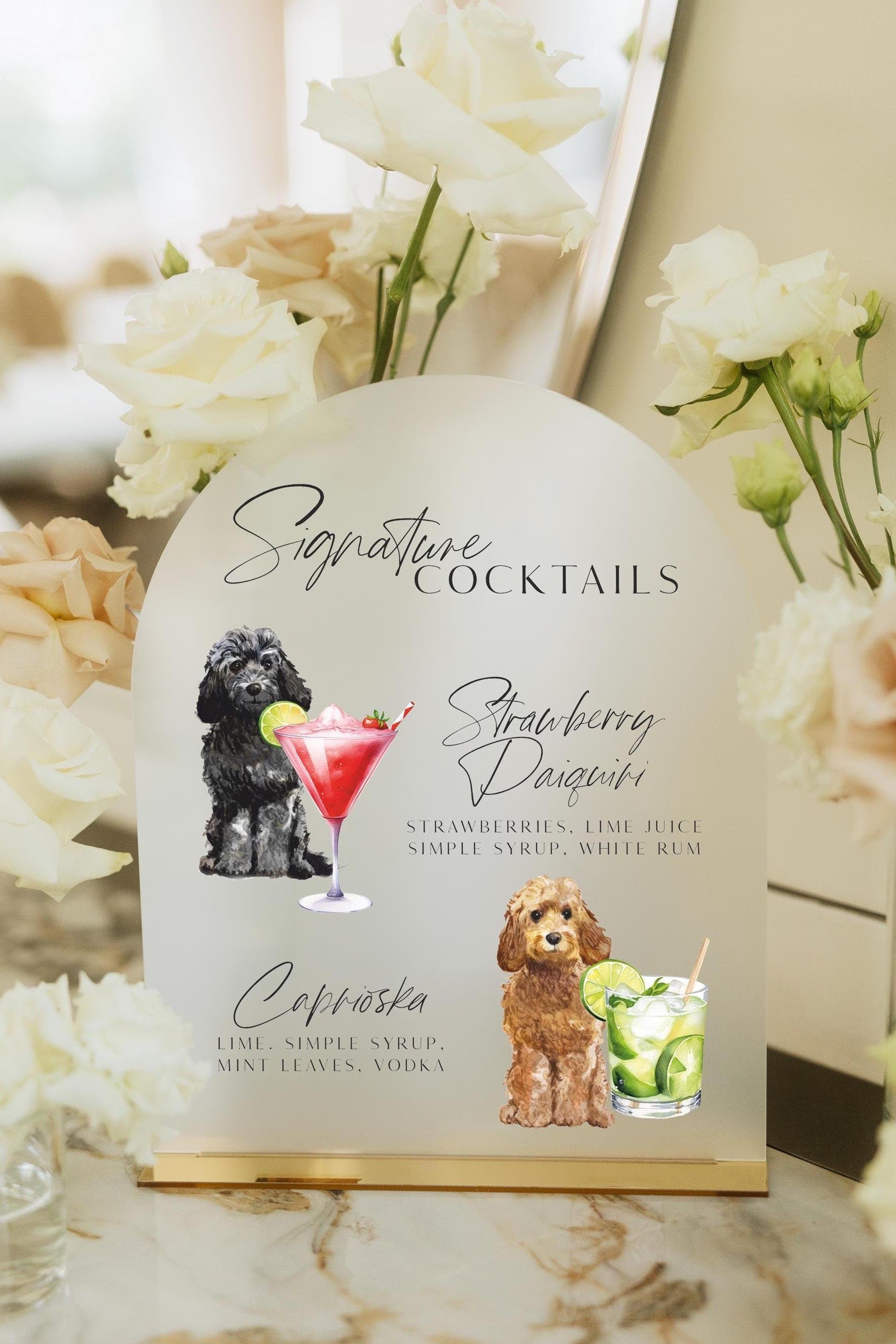 Frosted acrylic dog signature drink sign with custom pet illustrations
