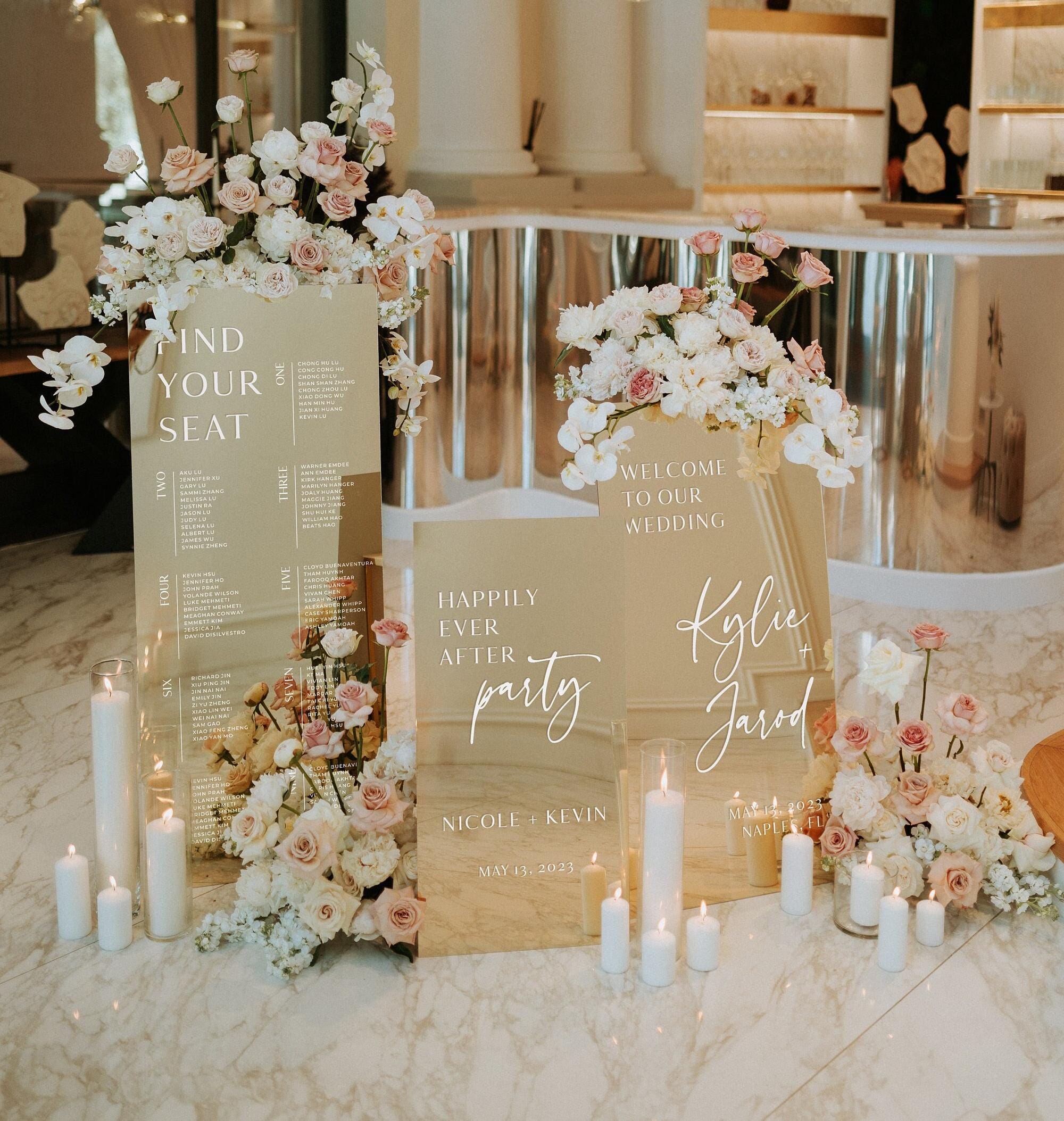 Gold mirror wedding seating plan with find your seat and welcome sign