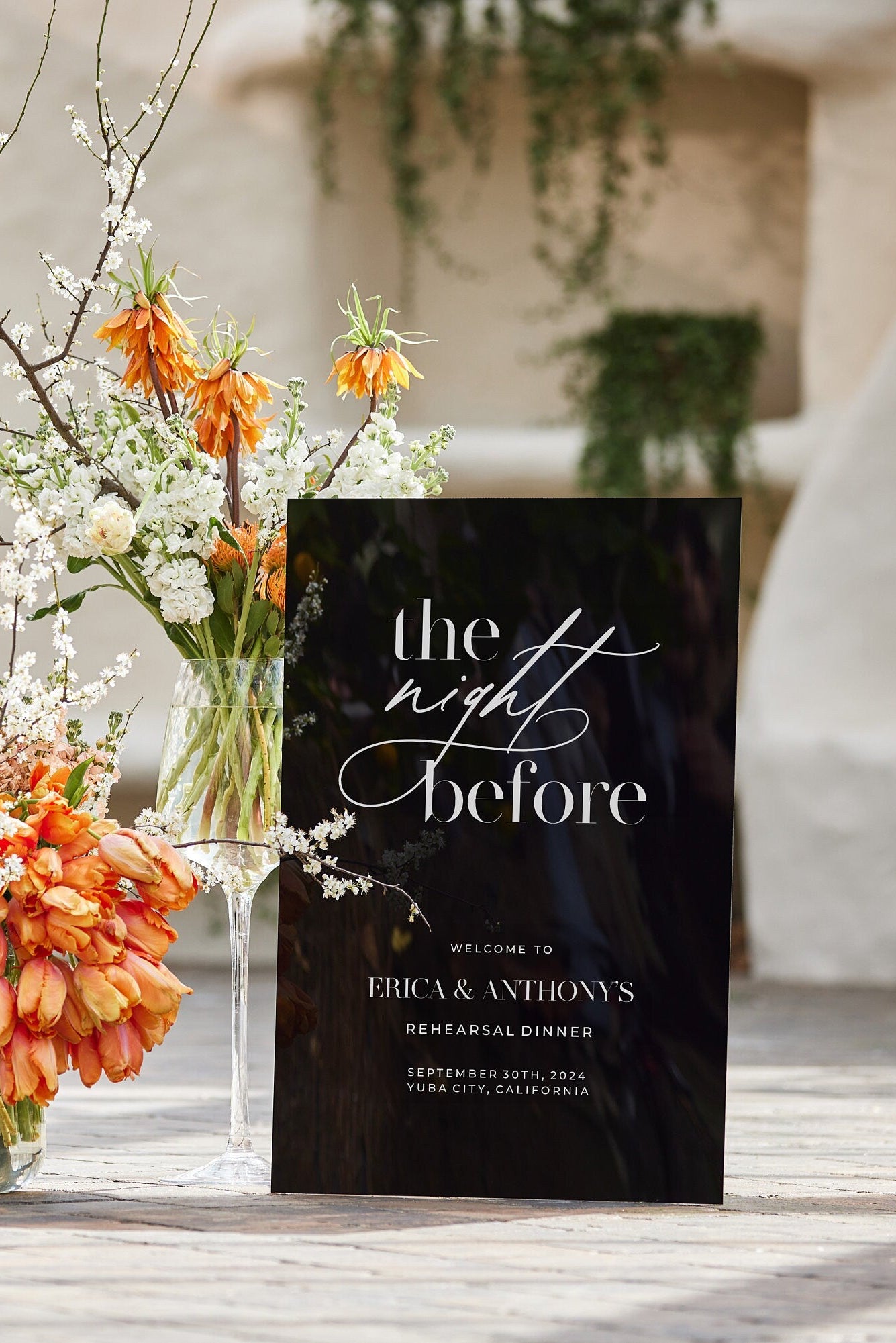 Rehearsal dinner welcome sign black acrylic with personalized details
