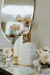 Frosted acrylic open bar sign with white text and gold mirror stand