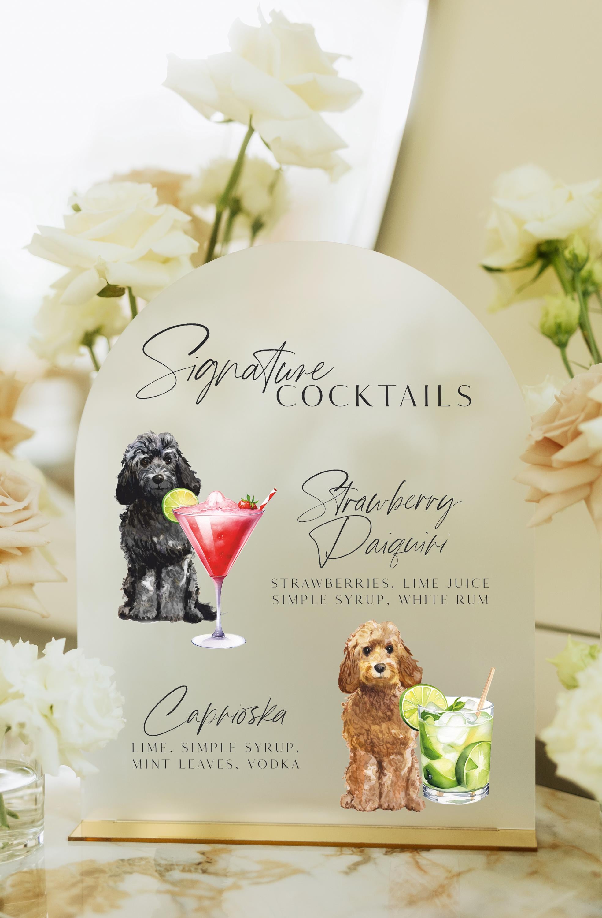 Personalized dog bar sign with watercolor cocktail and pet illustrations
