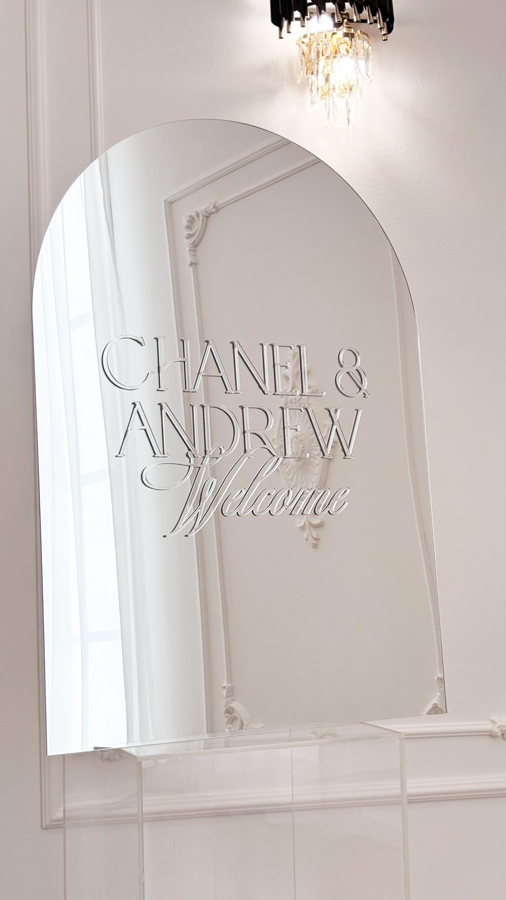 Wedding welcome sign arched silver mirror with personalized names for reception entrance
