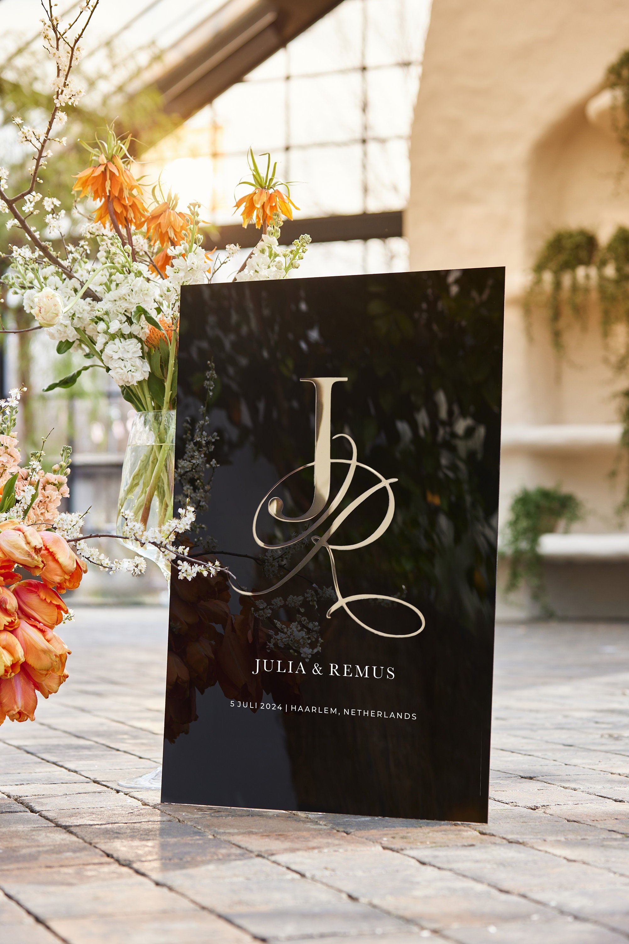 Custom wedding sign with gold monogram and personalized names