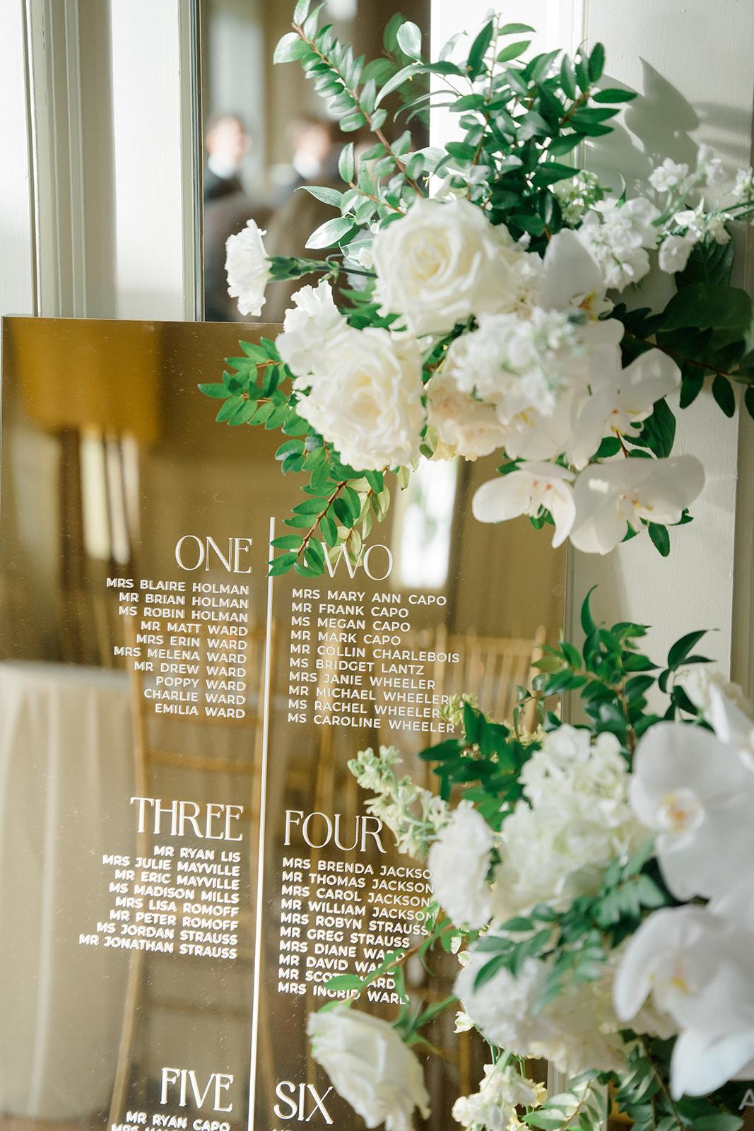 Close-up view of a gold mirror acrylic wedding seating chart sign.
