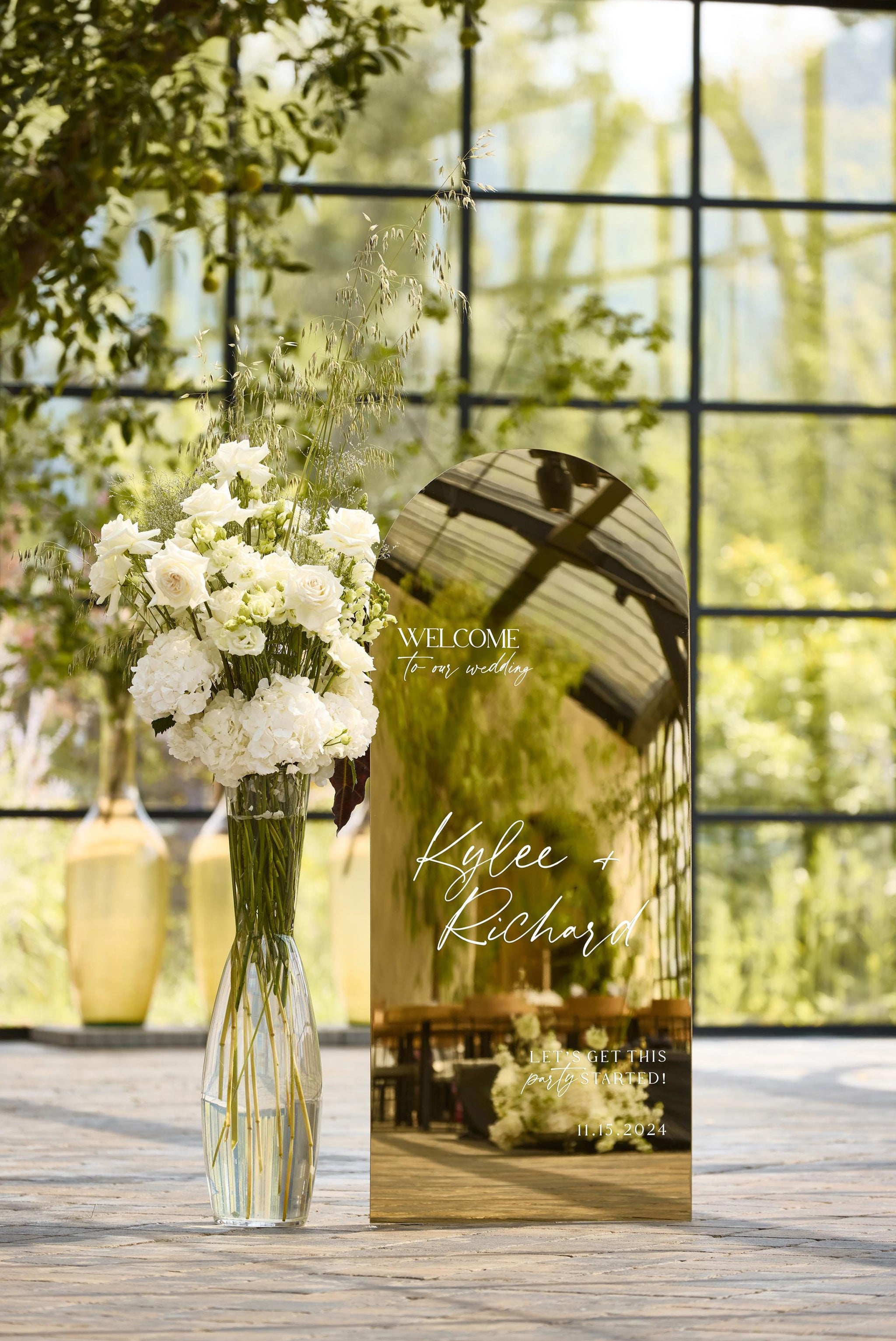 Luxury negative space wedding signage design showing high-quality gold mirror reflection.