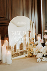 Modern Editorial Wedding Welcome Sign in Gold Mirror with bold serif and script font mix.