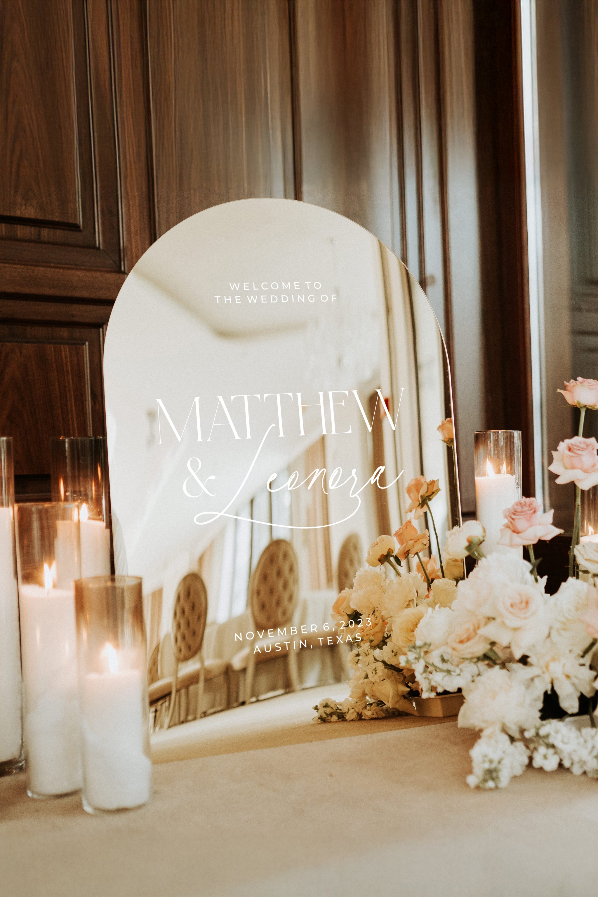 Modern Editorial Wedding Welcome Sign in Gold Mirror with bold serif and script font mix.