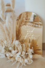 Detail shot of custom white text printed on durable gold mirror acrylic by Monique Paper Art.