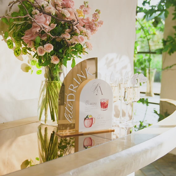 Gold mirror acrylic wedding bar sign with custom cocktails, personalized reception signage by MoniquePaperArt
