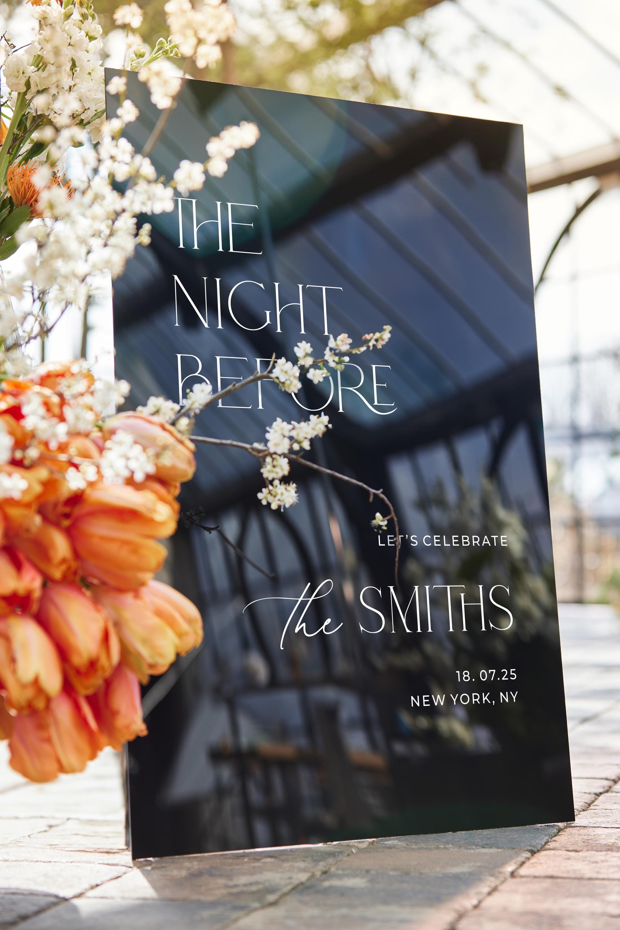 Custom rehearsal dinner sign printed on high-quality black acrylic.