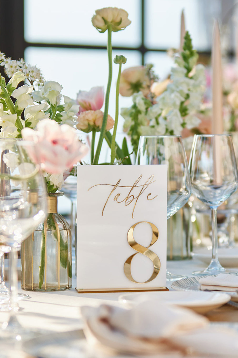 Modern acrylic table numbers for wedding reception.