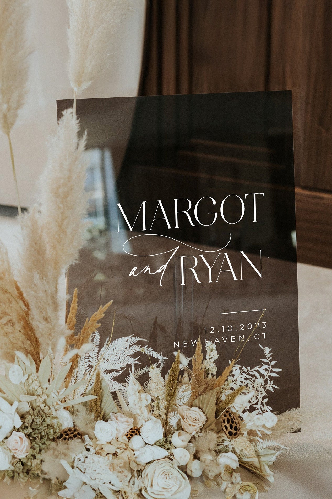 Modern rectangular wedding welcome sign in smokey black finish.