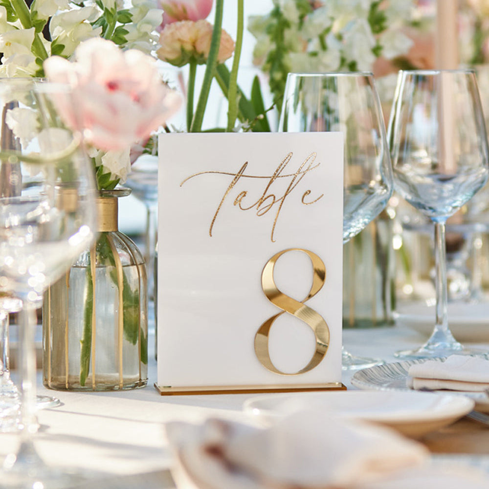 Elegant white acrylic wedding table numbers with 3D gold mirror